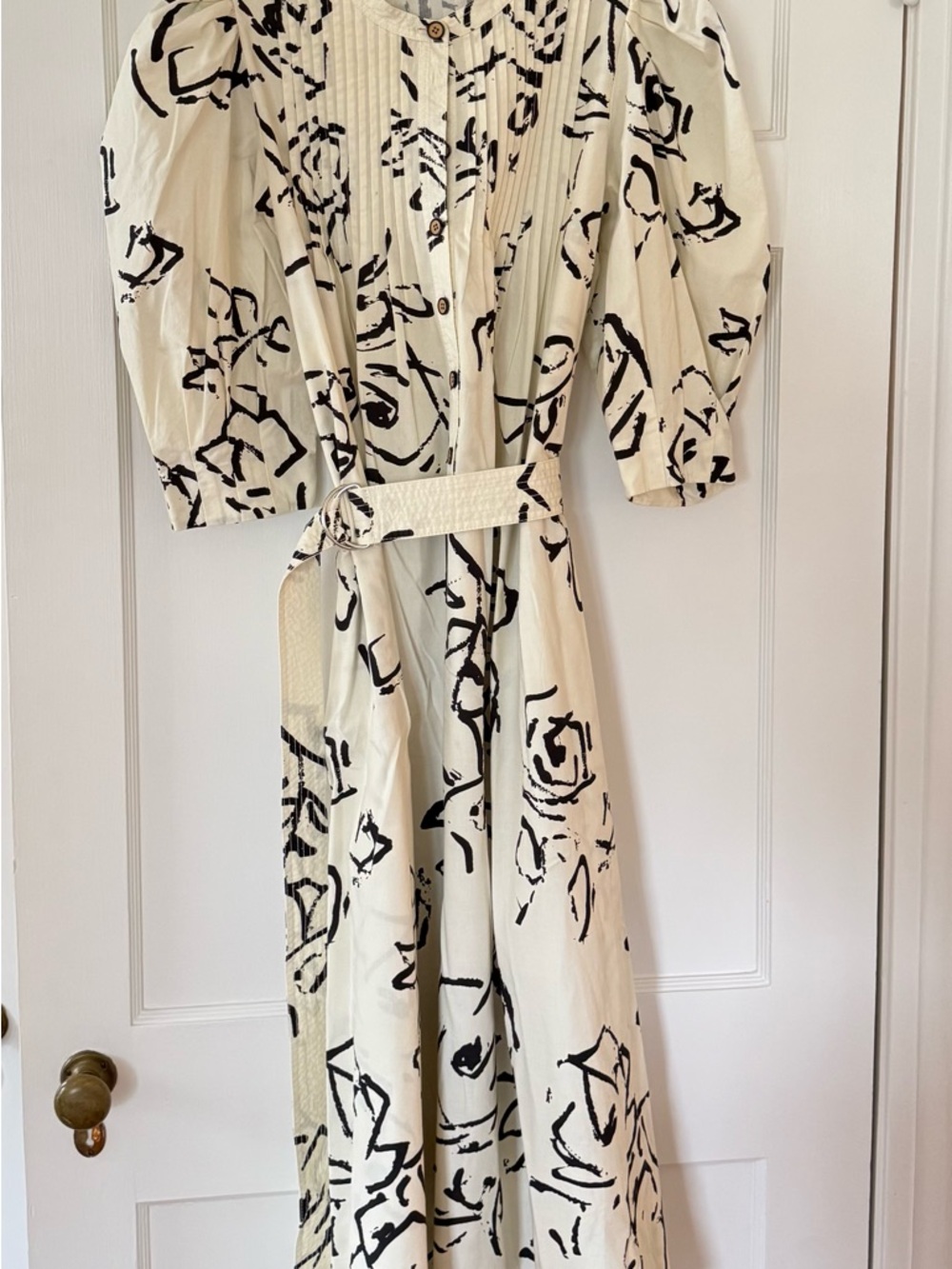 HUNTER BELL Cream and Black Abstract Print Midi Dress